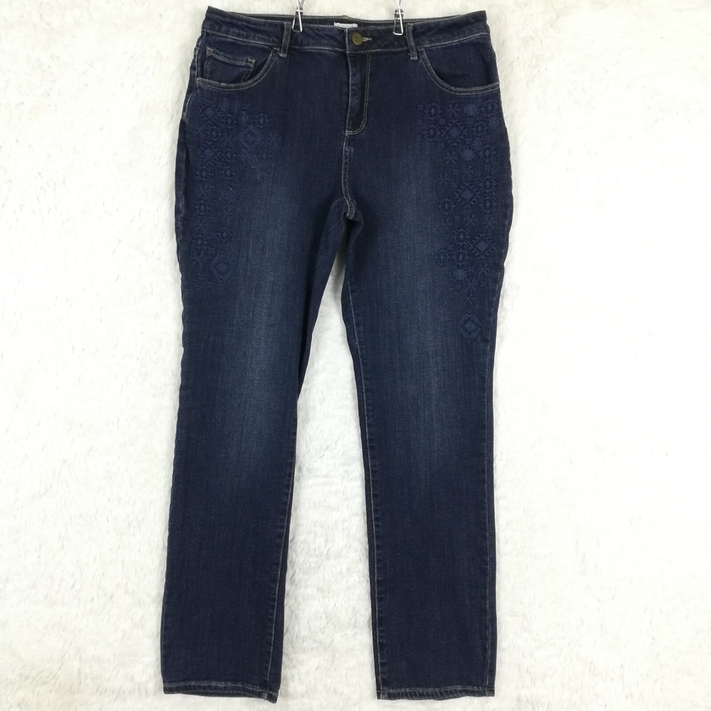 LOGO Womens Jeans Skinny Denim Blue Embroidered Tribal Geometric Dark Wash 14‎
